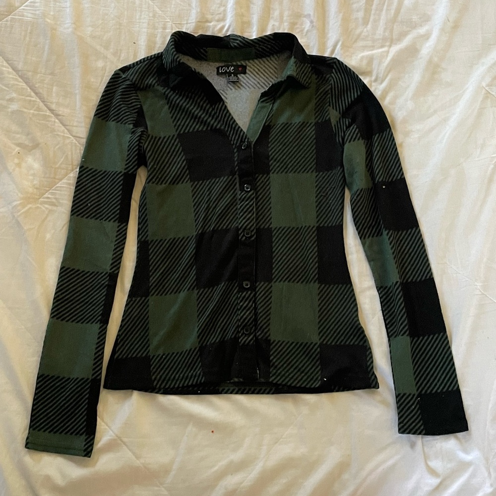 Love Green and Black Plaid Button Down Shirt
